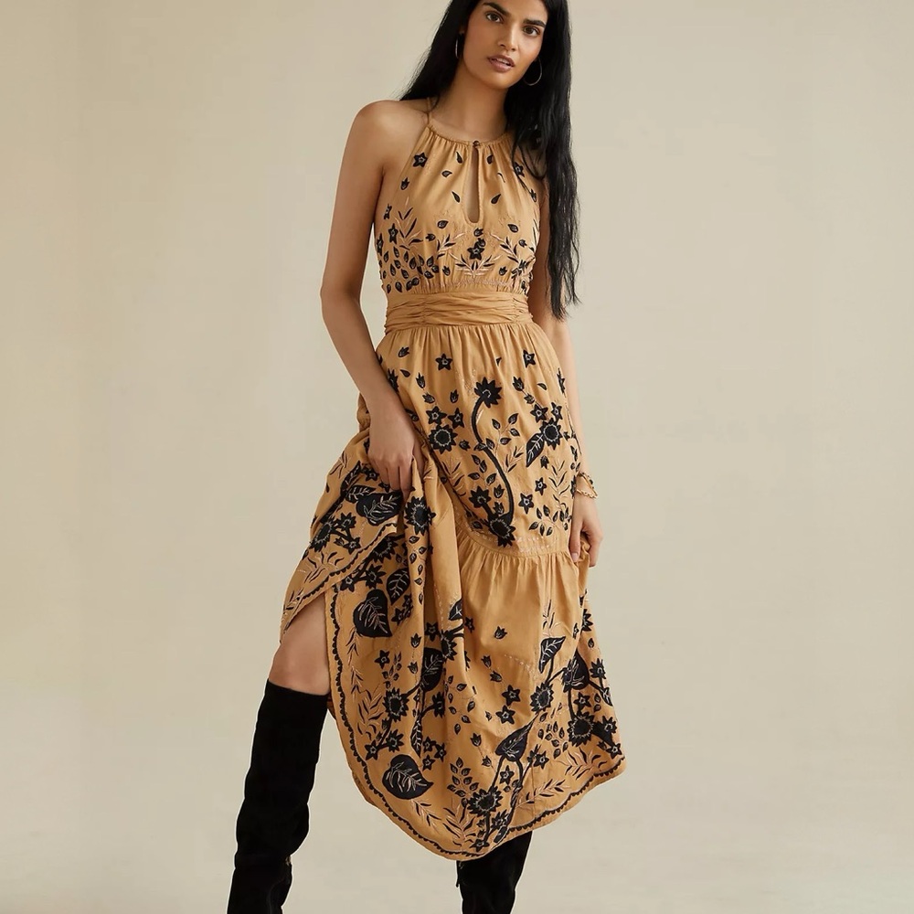 NWT Anthropologie Maeve Veruschka Embroidered Maxi Dress Tan Size 14 Pockets